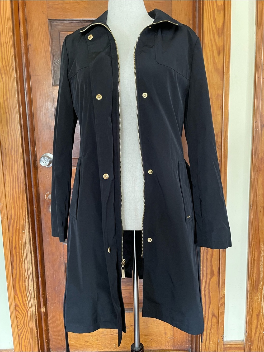 Ellen Tracy Black Trench Coat with Gold Buttons